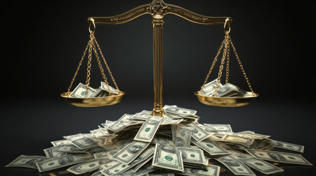 A pile of paper money on a golden scale, tipping toward a giant corporate logo, critiquing wealth inequality.の素材