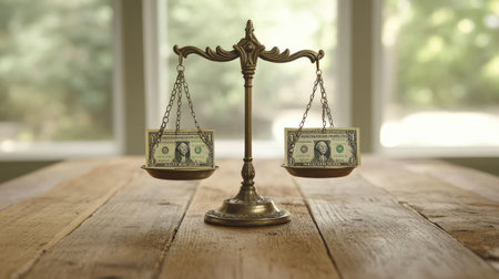 A scale of justice with one side weighed down by money, satirizing the influence of wealth in legal decisions.の素材