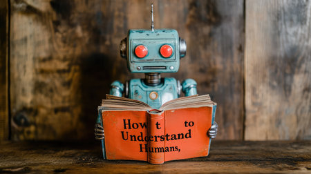 A robot reading a book titled "How to Understand Humans," symbolizing the irony of AI trying to understand human behavior.の素材