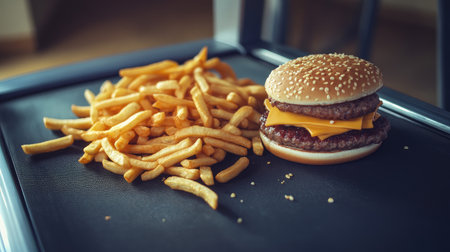 A treadmill with a pile of fast food on the side, symbolizing how people often neglect true fitness for temporary fixes.の素材
