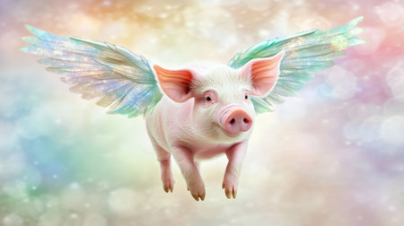 A radiant pink pig with shimmering wings floating effortlessly through a kaleidoscope of pastel skies.の素材