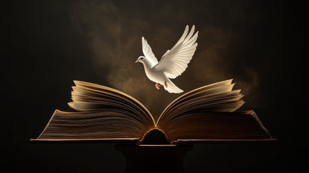 An open book on a pedestal with a white dove emerging, its wings glowing under soft golden light in a dramatic setting.の素材