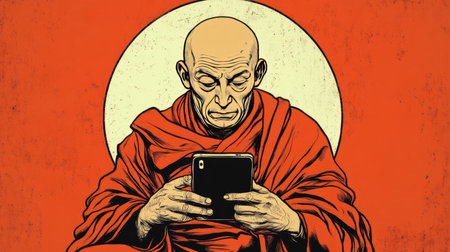 A monk holding a phone, reading self-help blogs, satirizing how technology sometimes disrupts traditional belief systems.の素材