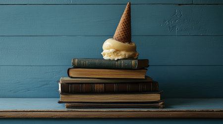 A stack of books topped with a melting ice cream cone, mocking the fleeting value of knowledge.の素材