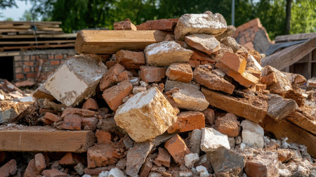 Demolished building remains with a heap of bricks, crushed cement, and wooden planks.の素材