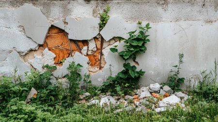Crumbling concrete wall with exposed steel reinforcement and debris scattered below.の素材