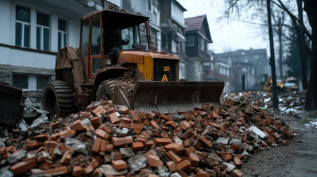 Bulldozer pushing heaps of demolition rubble, including bricks, metal, and concrete blocks.の素材