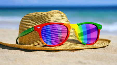 A pair of colorful sunglasses resting on a summer hat, with a blurred beach background.の素材