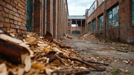 Dark, eerie hallway of an abandoned factory with piles of debris and rusted metal scraps.の素材