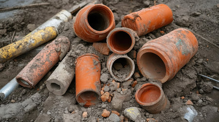 Construction site after demolition, filled with mixed debris, including pipes, bricks, and cement dust.の素材