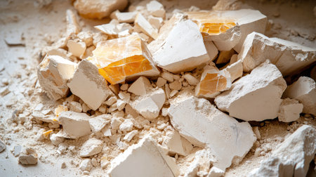 Close-up of sharp, jagged concrete debris mixed with dust and shattered glass fragments.の素材