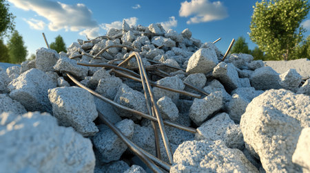 Post-explosion debris field with large piles of concrete rubble and twisted steel rods.の素材