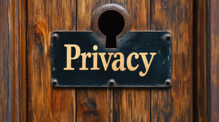 A "Privacy" sign on a door with a giant keyhole in the middle, poking fun at the contradiction of seeking privacy in a world where everything is exposed.の素材