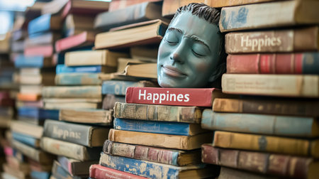 A pile of "Happiness" books with a face of stress and exhaustion on top, critiquing the oversimplified self-help industry.の素材