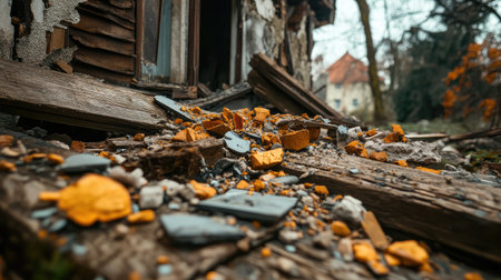 Destroyed wooden house remains with burnt beams, ashes, and scattered debris.の素材