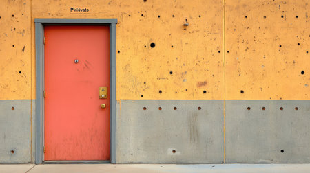 A "Private" door locked, but there are holes and windows everywhere, symbolizing the illusion of security in an overly monitored world.の素材