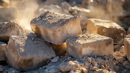 Crushed cinder blocks and construction waste spread across a dusty demolition site.の素材