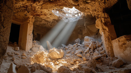 Sunlight streaming through holes in the ceiling of a ruined house, illuminating dusty debris.の素材