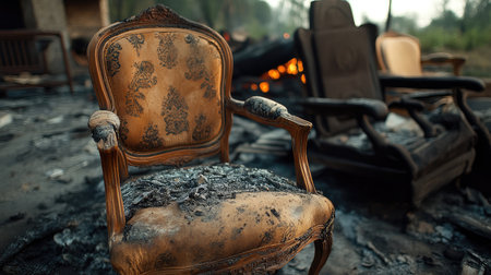 Scorched furniture fragments mixed with soot and ash, creating a burnt debris scene.の素材