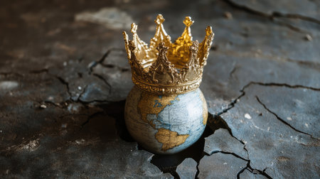 A gold crown sitting on a cracked earth globe, critiquing power imbalance and environmental neglect.の素材