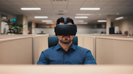 A man in a virtual reality headset stuck in an office cubicle, mocking how technology can limit personal freedom.の素材