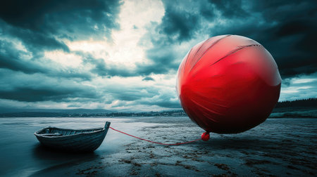 A giant, inflated ego balloon tied to a sinking boat, highlighting personal arrogance.の素材