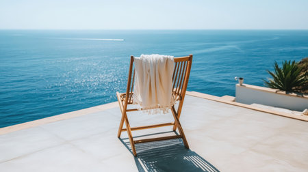 A stylish two-piece swimsuit draped over a wooden chair with an ocean view in the background.の素材
