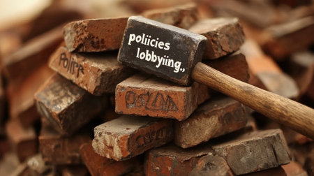 A pile of bricks labeled "policies" with a hammer labeled "lobbying," critiquing broken systems.の素材