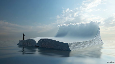 A surreal scene where reality is being "rewritten" with a pen on a giant blank book, mocking how personal truths are often manipulated.の素材