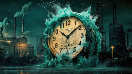 A clock melting over a factory, symbolizing overwork and the loss of personal time.の素材