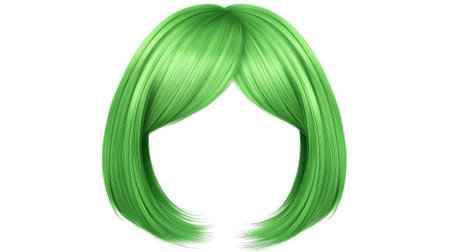 A vibrant green women's wig with straight locks, displayed on a plain chrome base against a solid white background.の素材