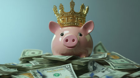 A piggy bank wearing a crown, surrounded by stacks of fake money, highlighting greed and wealth inequality.の素材
