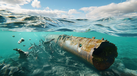 Ocean waves crashing over a sunken shipwreck, with floating debris and broken parts in the water.の素材