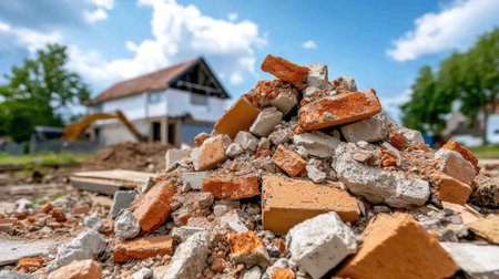 Pile of broken bricks, concrete chunks, and wood scraps at a construction demolition site.の素材