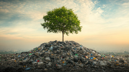 A tree growing out of a trash pile, symbolizing environmental neglect and resilience.の素材