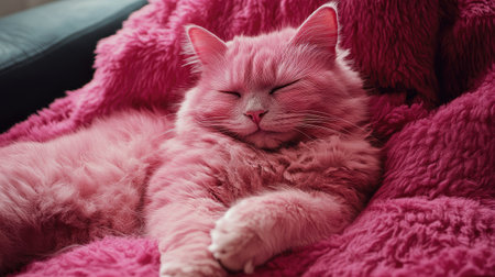 A fluffy pink cat resting on a soft blanket.の素材