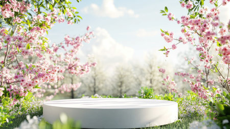 Clean, modern 3D podium floating amidst spring blossoms and lush greenery, ideal for natural product branding.の素材