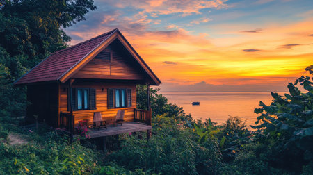 A cozy wooden bungalow overlooking the ocean with a beautiful sunset view.の素材