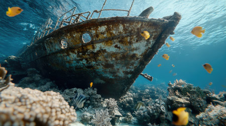 Pieces of a shipwreck on the ocean floor, surrounded by fish and covered in rust and coral.の素材