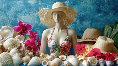 A mannequin dressed in a tropical print swimsuit, surrounded by seashells and sun hats, setting a summer mood.の素材