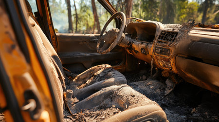 Burnt vehicle interior with melted seats, shattered glass, and ash-covered debris.の素材
