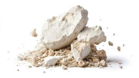 Scattered broken concrete and rubble creating a textured debris background, isolated on a white surface.の素材