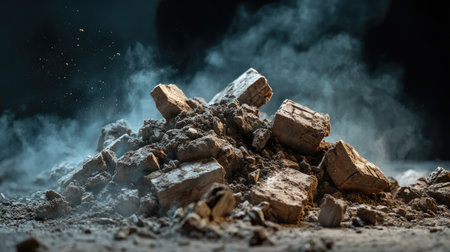 Crushed bricks and dust spread across the ground, forming a rugged debris background.の素材