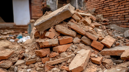 Pile of broken bricks, concrete chunks, and wood scraps at a construction demolition site.の素材