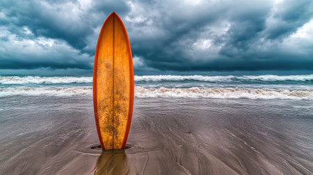 A surfboard stuck upright in the sand with ocean waves rolling in under a dramatic stormy sky.の素材