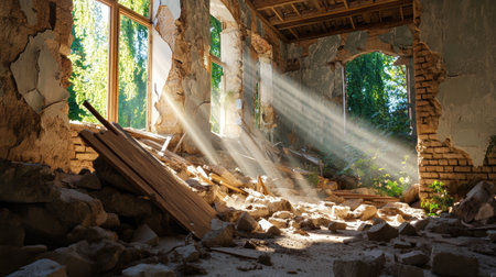 Sunlight streaming through holes in the ceiling of a ruined house, illuminating dusty debris.の素材