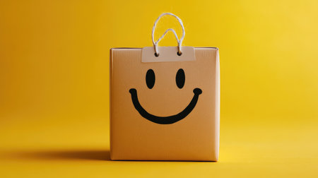 A happy face emoji on a product packaging with a price tag, symbolizing how happiness is often sold to us as a commodity.の素材