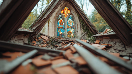 Collapsed roof of an abandoned church, with shattered stained glass and wooden debris below.の素材
