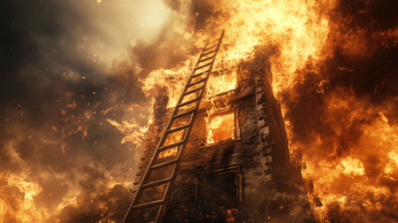A ladder climbing into a burning house, mocking ambition in a doomed system.の素材