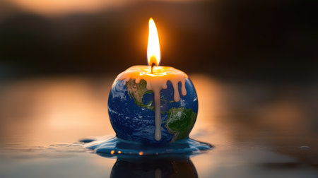 Earth as a candle, flames consuming its poles while wax drips, illustrating global warming.の素材